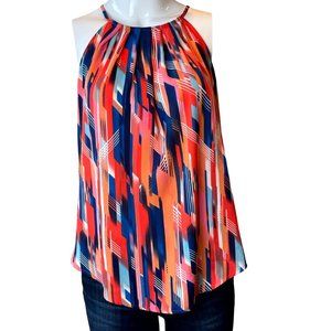 Lush Women Halter Blouse Top Geometric Pleated Neckline Orange Blue Size Small
